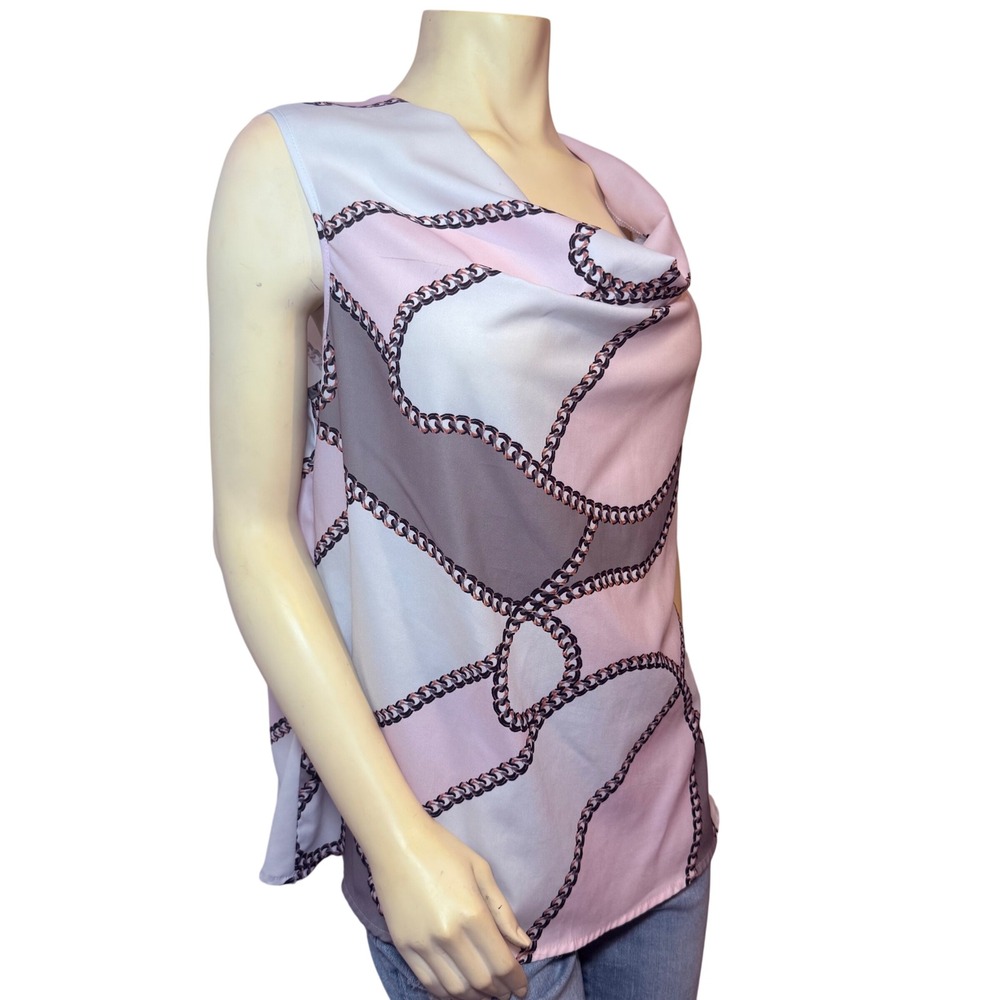 Womens Pink Grey Chain Link Print Cowl Neck Sleeveless Blouse Top - Picture 2 of 5